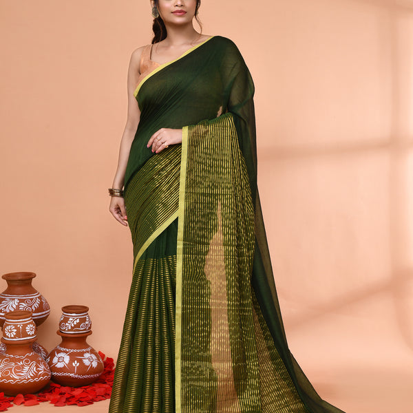 Piyari Fashion Women`s Dark Green Cotton Handloom Saree With Gold Zari Stripes - Distacart
