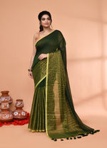 Thumbnail for Piyari Fashion Women`s Dark Green Cotton Handloom Saree With Gold Zari Stripes
