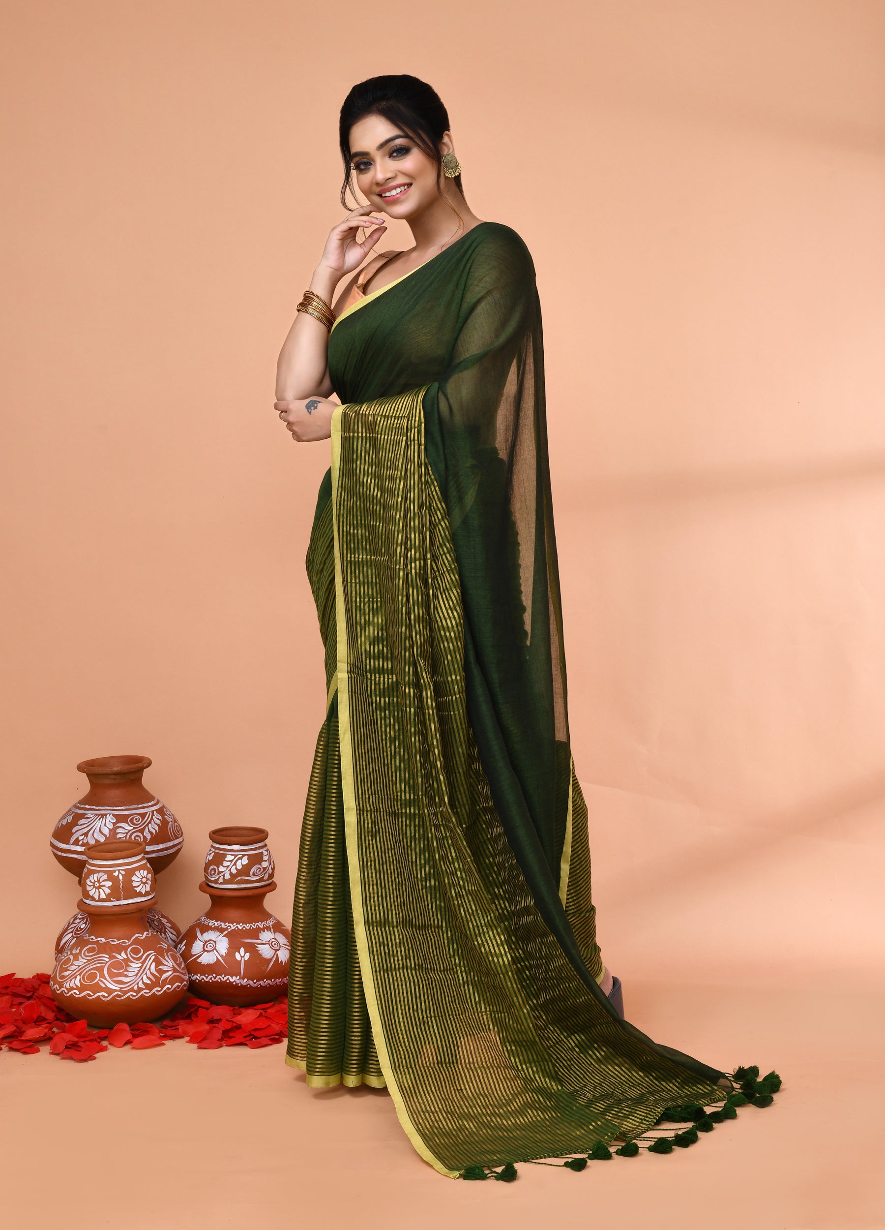 Piyari Fashion Women`s Dark Green Cotton Handloom Saree With Gold Zari Stripes