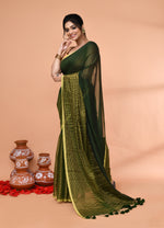 Thumbnail for Piyari Fashion Women`s Dark Green Cotton Handloom Saree With Gold Zari Stripes