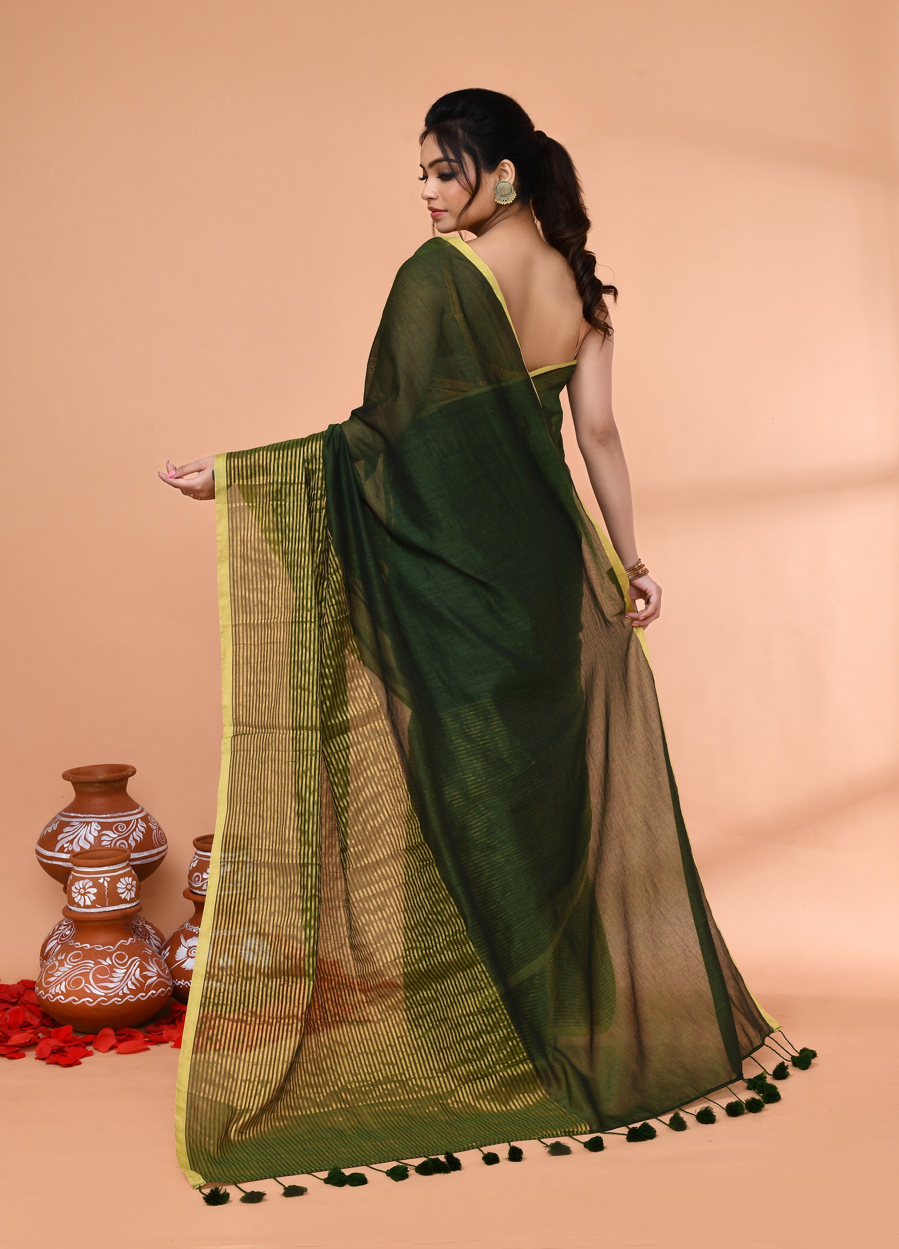 Piyari Fashion Women`s Dark Green Cotton Handloom Saree With Gold Zari Stripes
