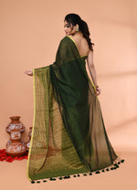 Thumbnail for Piyari Fashion Women`s Dark Green Cotton Handloom Saree With Gold Zari Stripes