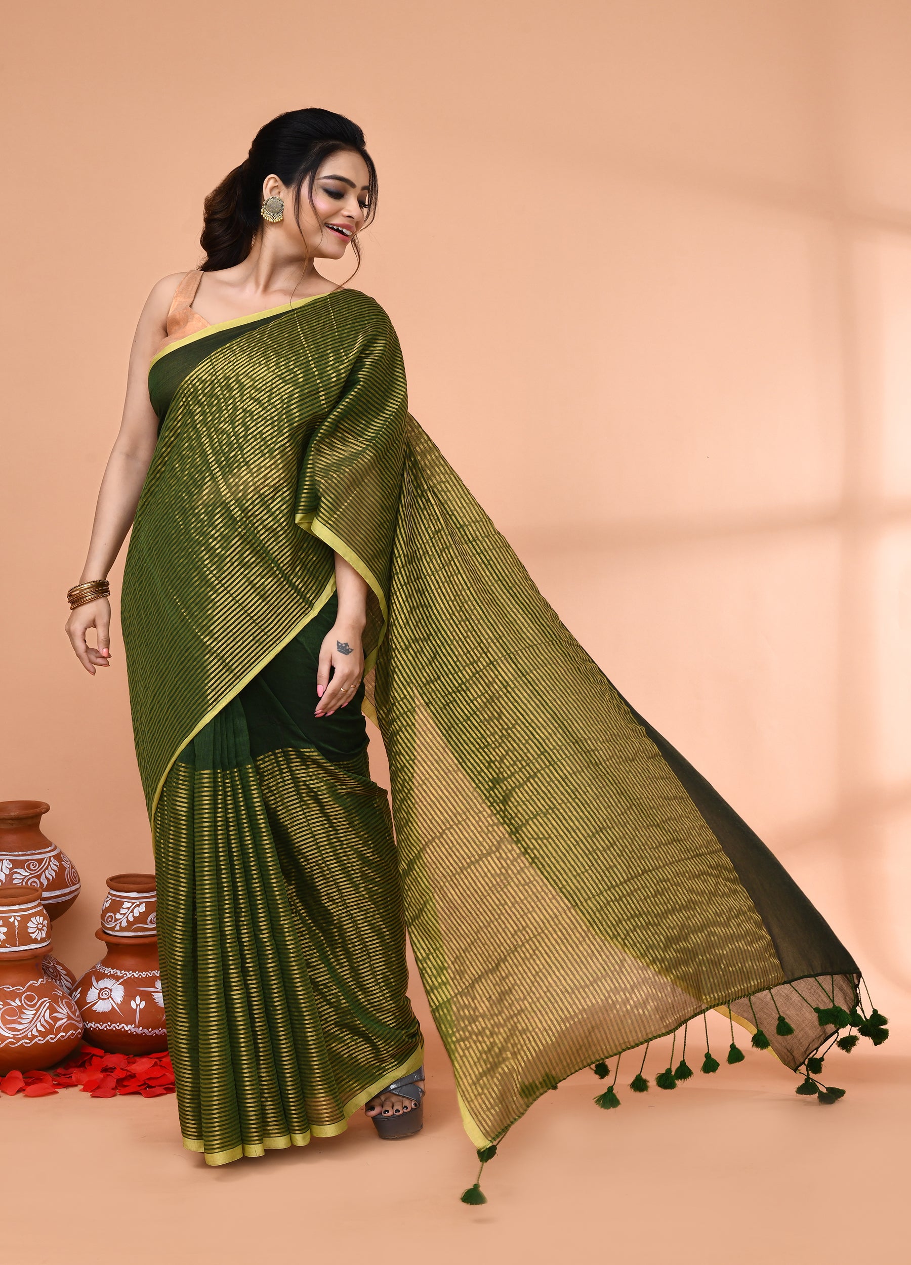 Piyari Fashion Women`s Dark Green Cotton Handloom Saree With Gold Zari Stripes