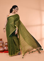 Thumbnail for Piyari Fashion Women`s Dark Green Cotton Handloom Saree With Gold Zari Stripes
