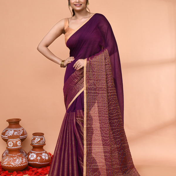 Piyari Fashion Women`s Magenta Cotton Handloom Saree With Gold Zari Stripes - Distacart