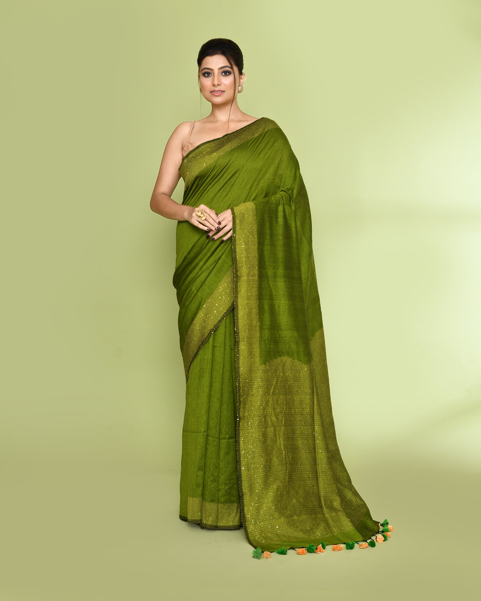 Piyari Fashion Women's Apple Green Embellished Sequined Cotton Saree