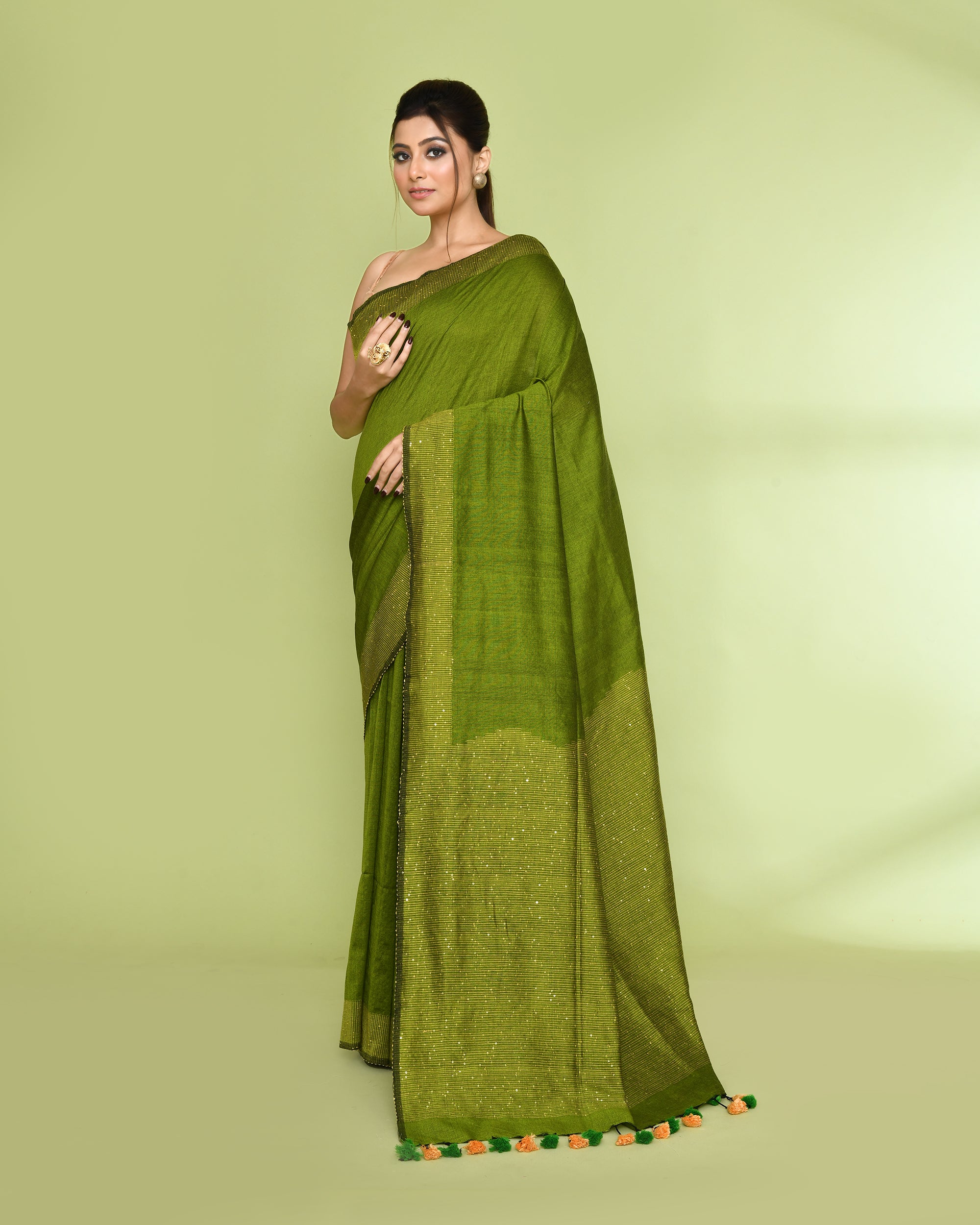 Piyari Fashion Women's Apple Green Embellished Sequined Cotton Saree