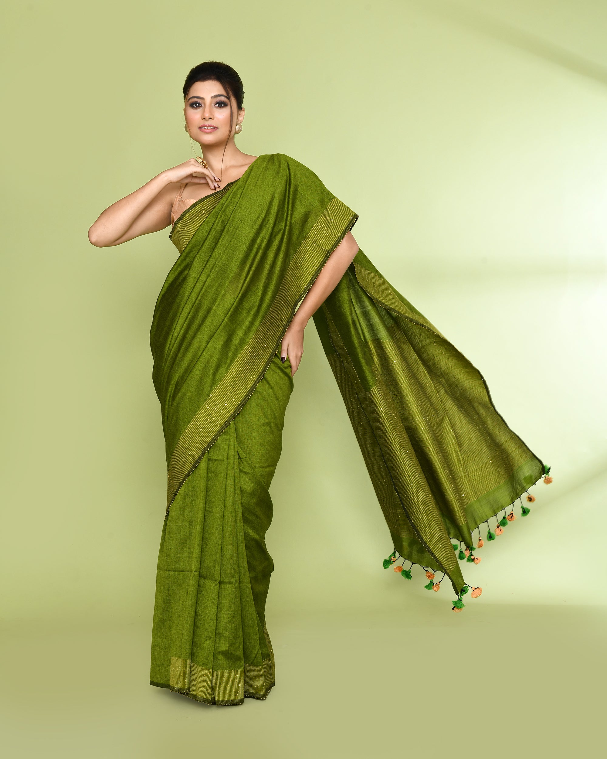 Piyari Fashion Women's Apple Green Embellished Sequined Cotton Saree