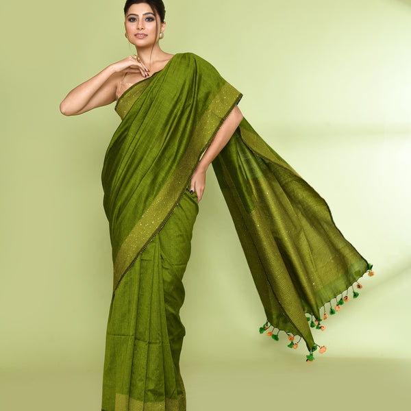 Piyari Fashion Women's Apple Green Embellished Sequined Cotton Saree - Distacart