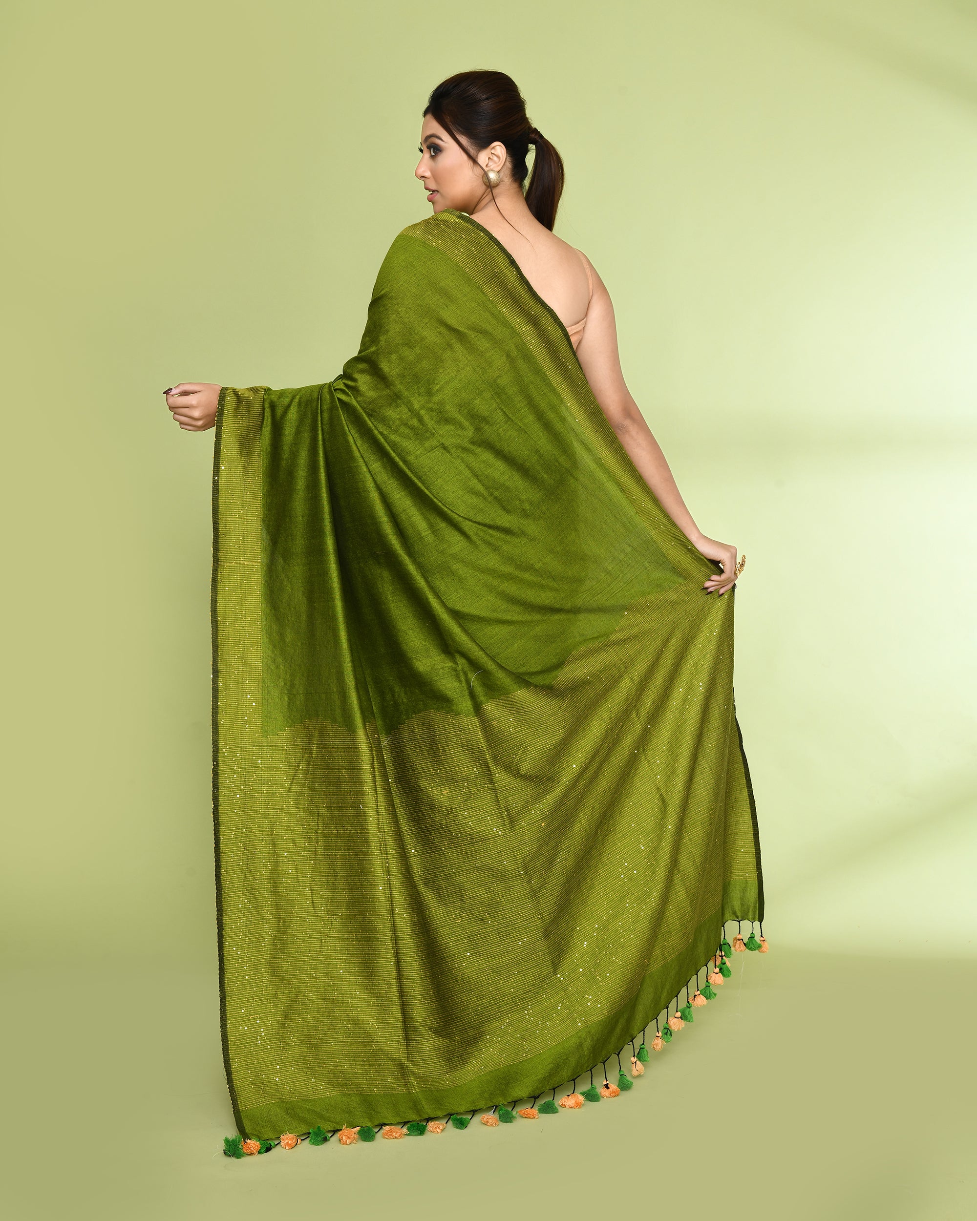 Piyari Fashion Women's Apple Green Embellished Sequined Cotton Saree