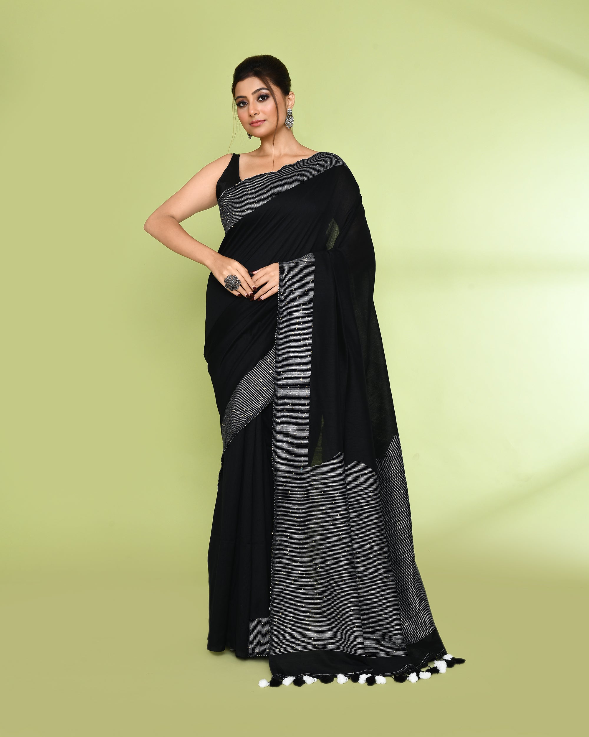 Piyari Fashion Women's Black Embellished Sequined Cotton Saree