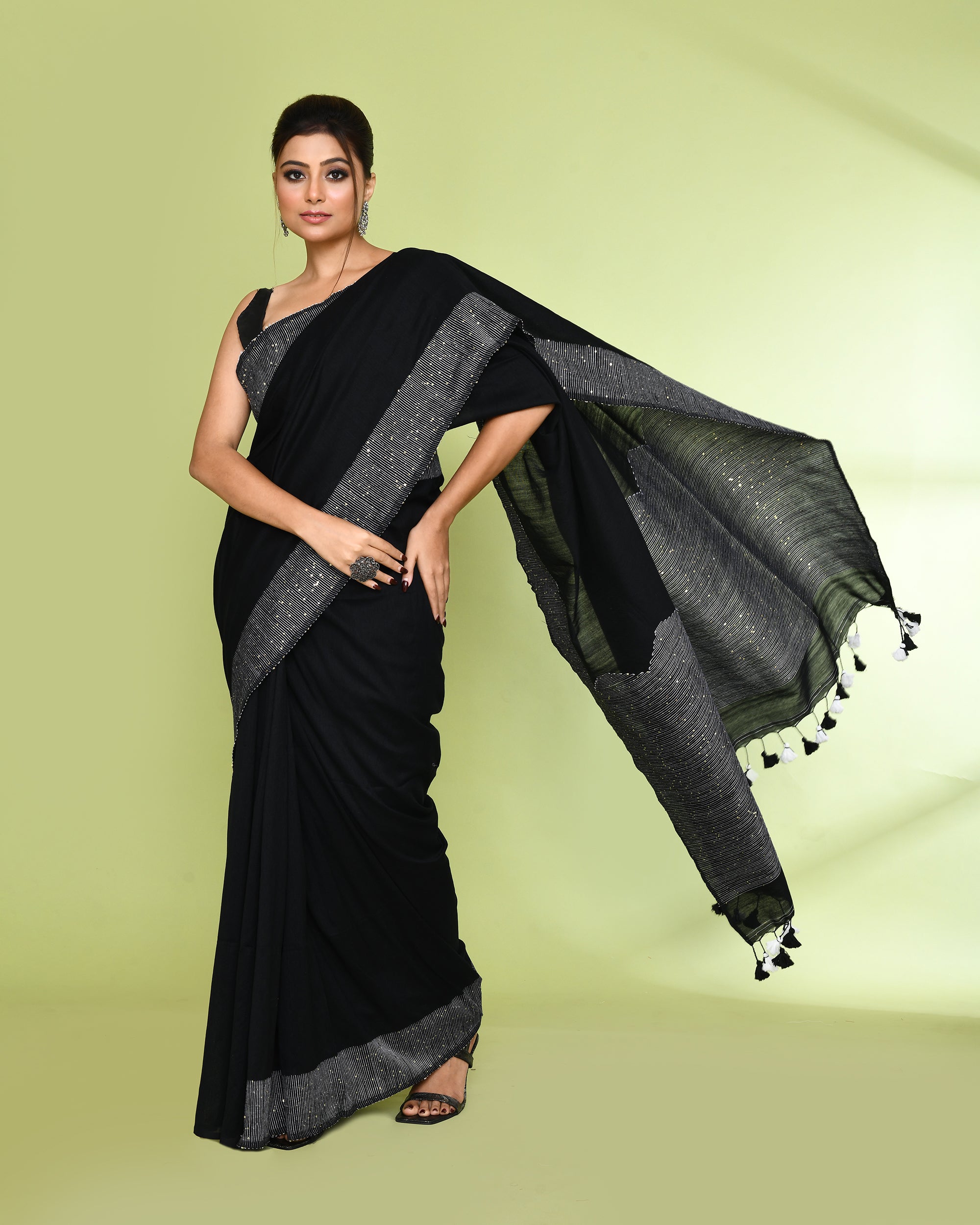 Piyari Fashion Women's Black Embellished Sequined Cotton Saree