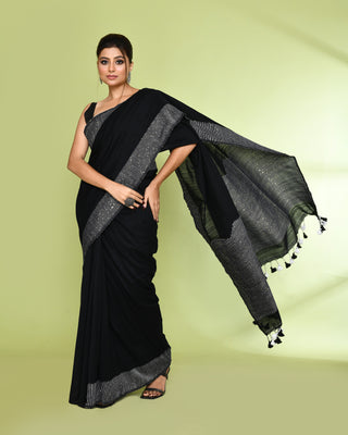 Piyari Fashion Women's Black Embellished Sequined Cotton Saree