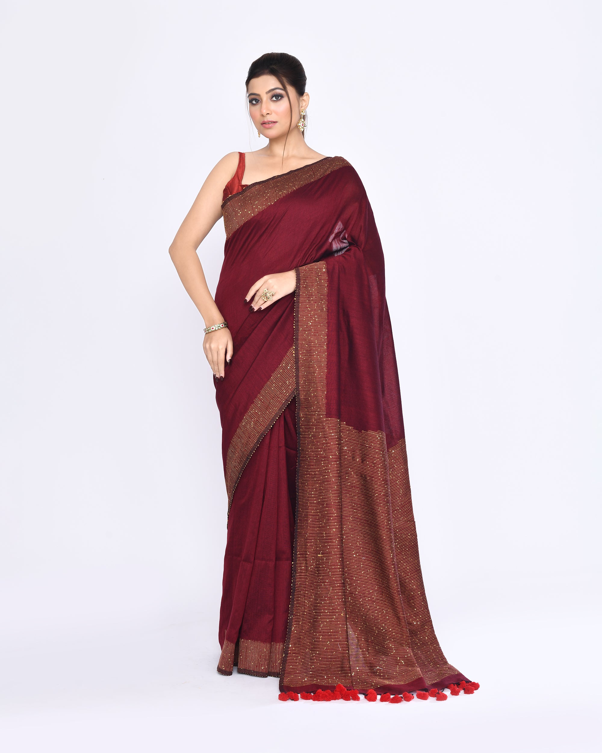 Piyari Fashion Women's Maroon Embellished Sequined Cotton Saree