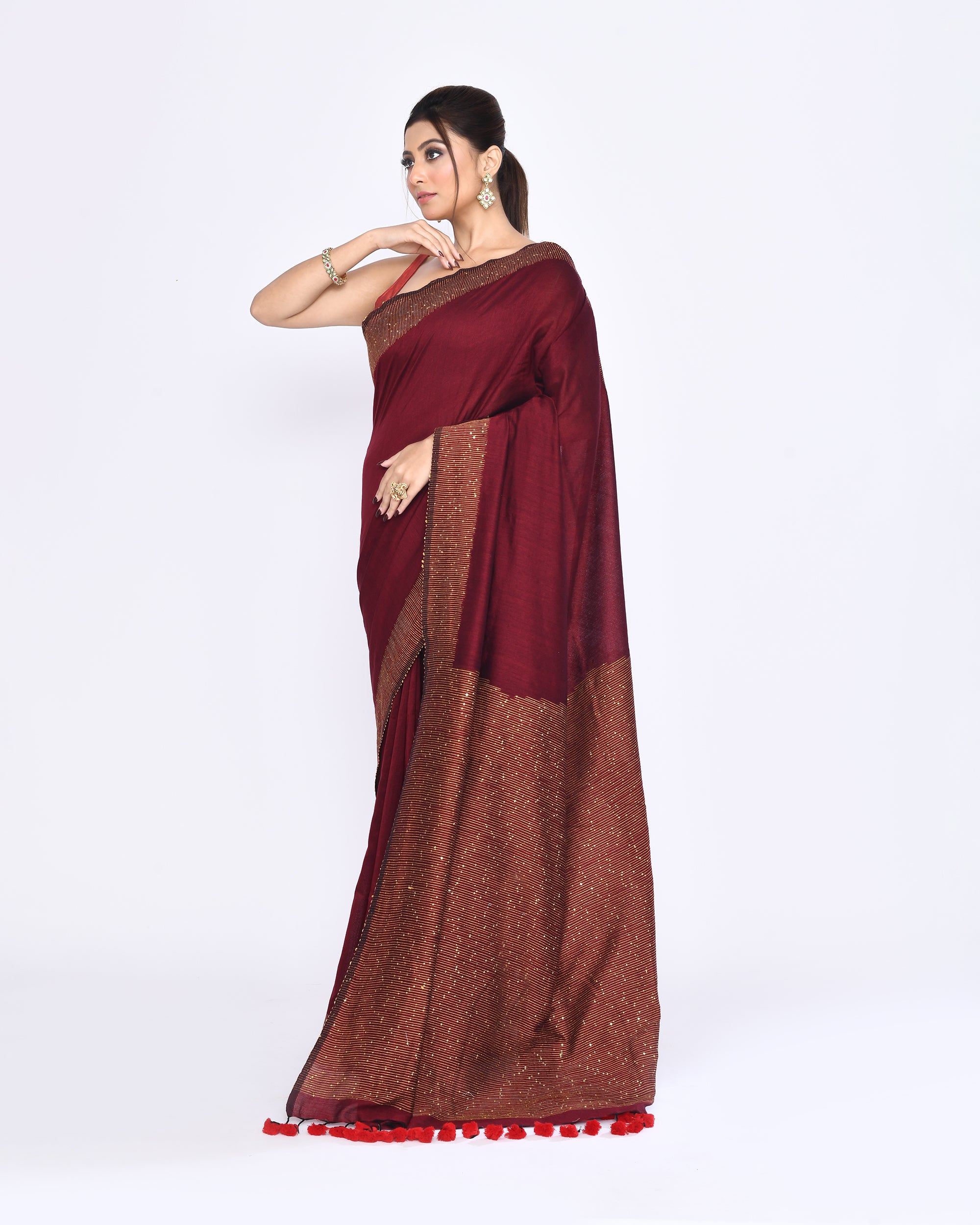 Piyari Fashion Women's Maroon Embellished Sequined Cotton Saree