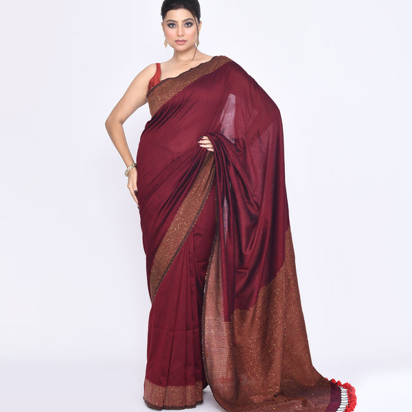 Piyari Fashion Women's Maroon Embellished Sequined Cotton Saree - Distacart