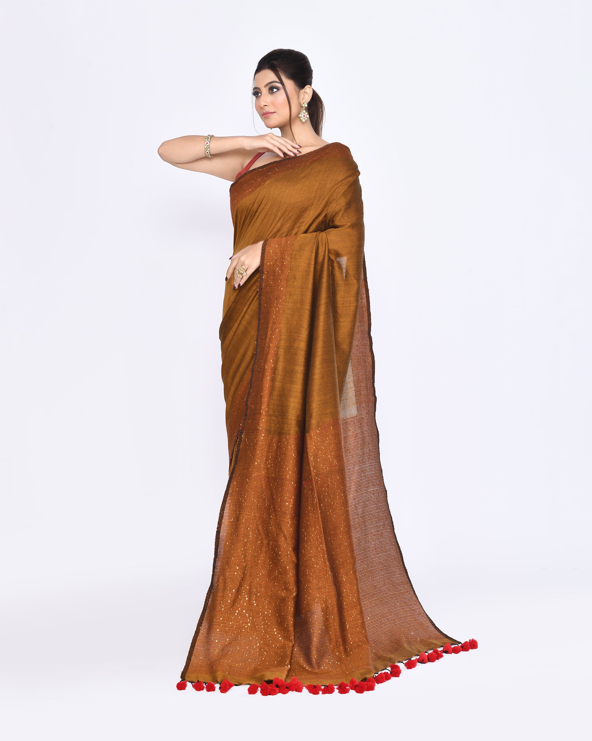Piyari Fashion Women's Bronze Embellished Sequined Cotton Saree