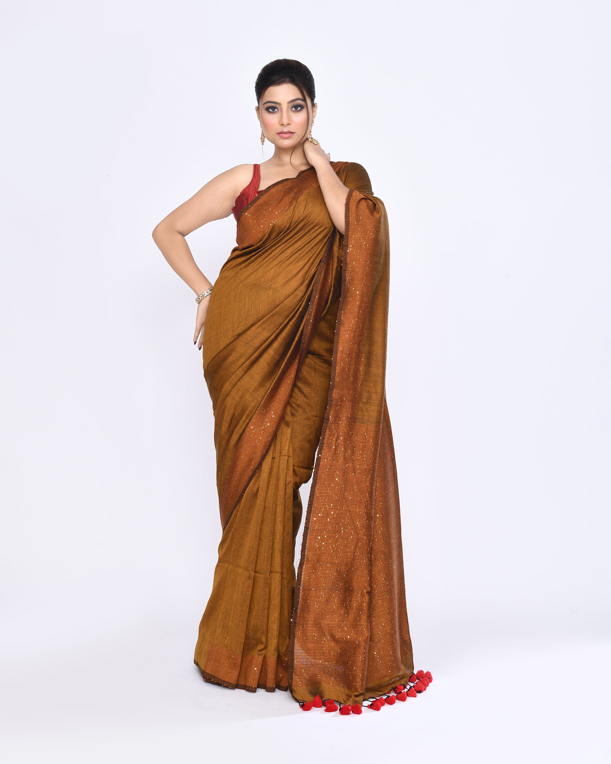Piyari Fashion Women's Bronze Embellished Sequined Cotton Saree