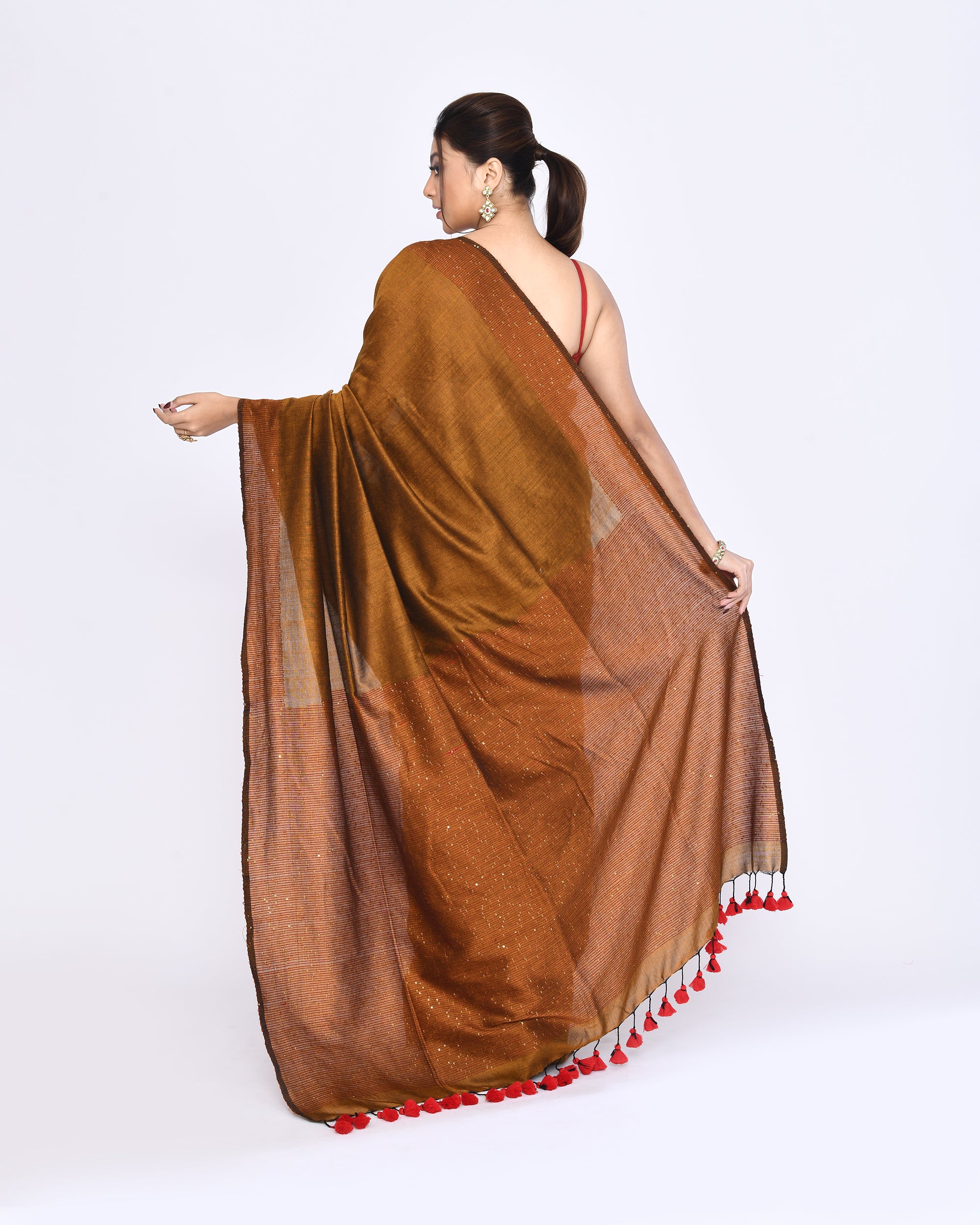 Piyari Fashion Women's Bronze Embellished Sequined Cotton Saree