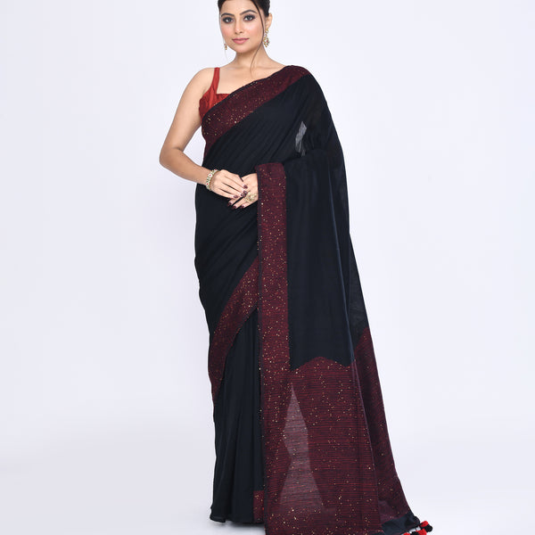 Piyari Fashion Women's Black Embellished Sequined Cotton Saree - Distacart