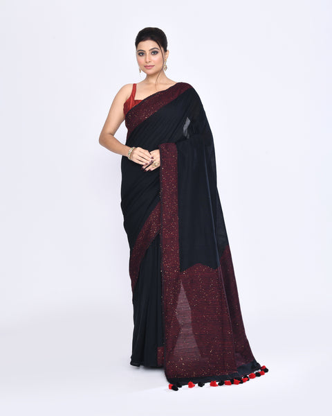 Piyari Fashion Women's Black Embellished Sequined Cotton Saree