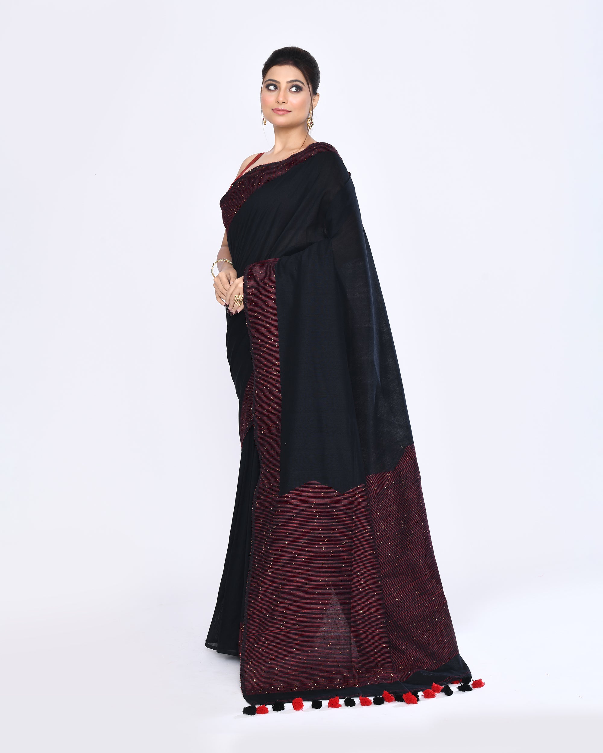 Piyari Fashion Women's Black Embellished Sequined Cotton Saree