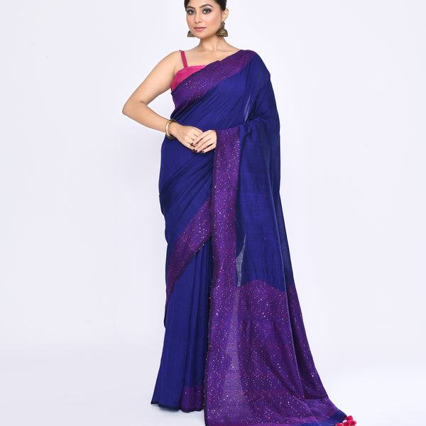Piyari Fashion Women's Blue Embellished Sequined Cotton Saree - Distacart