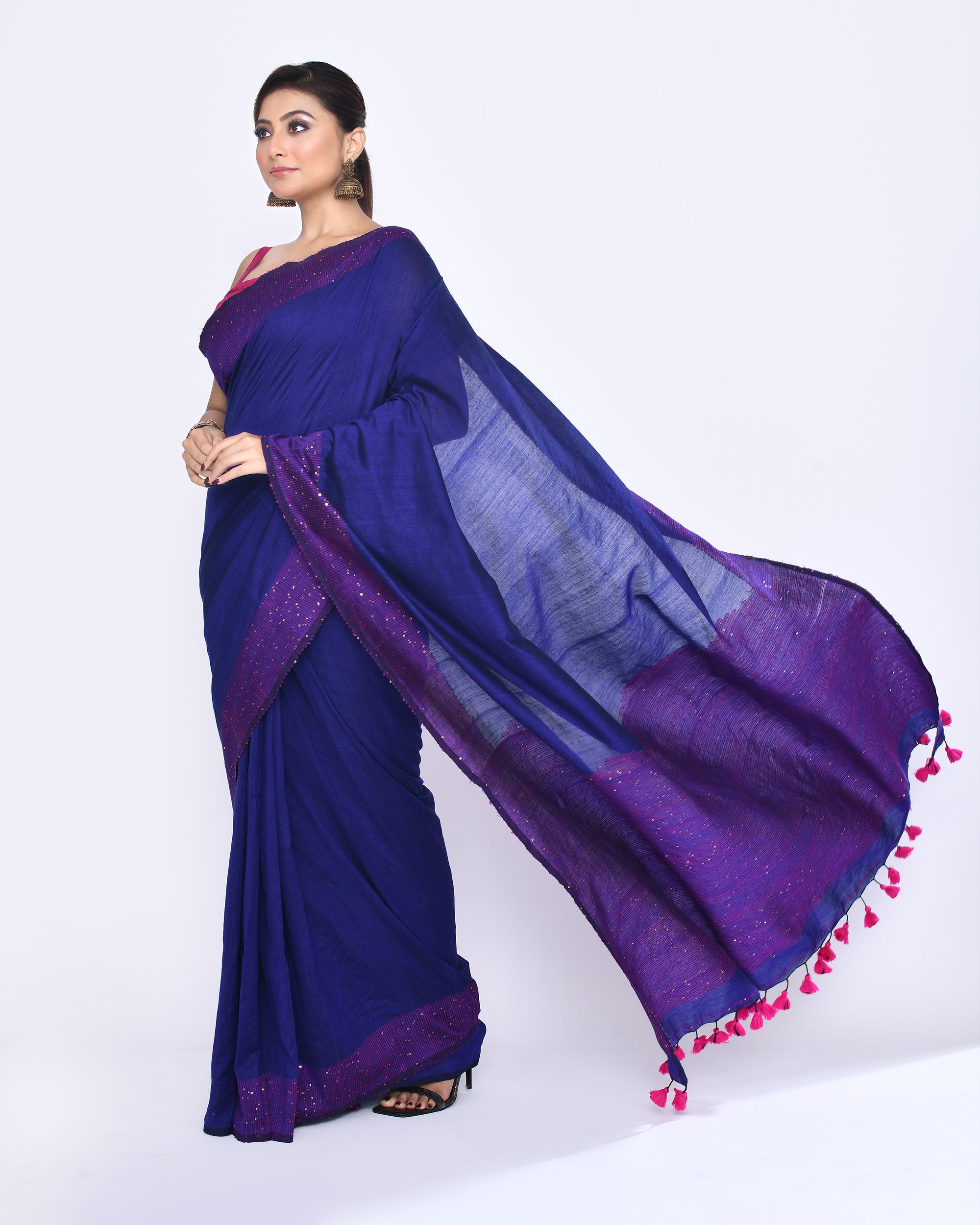 Piyari Fashion Women's Blue Embellished Sequined Cotton Saree