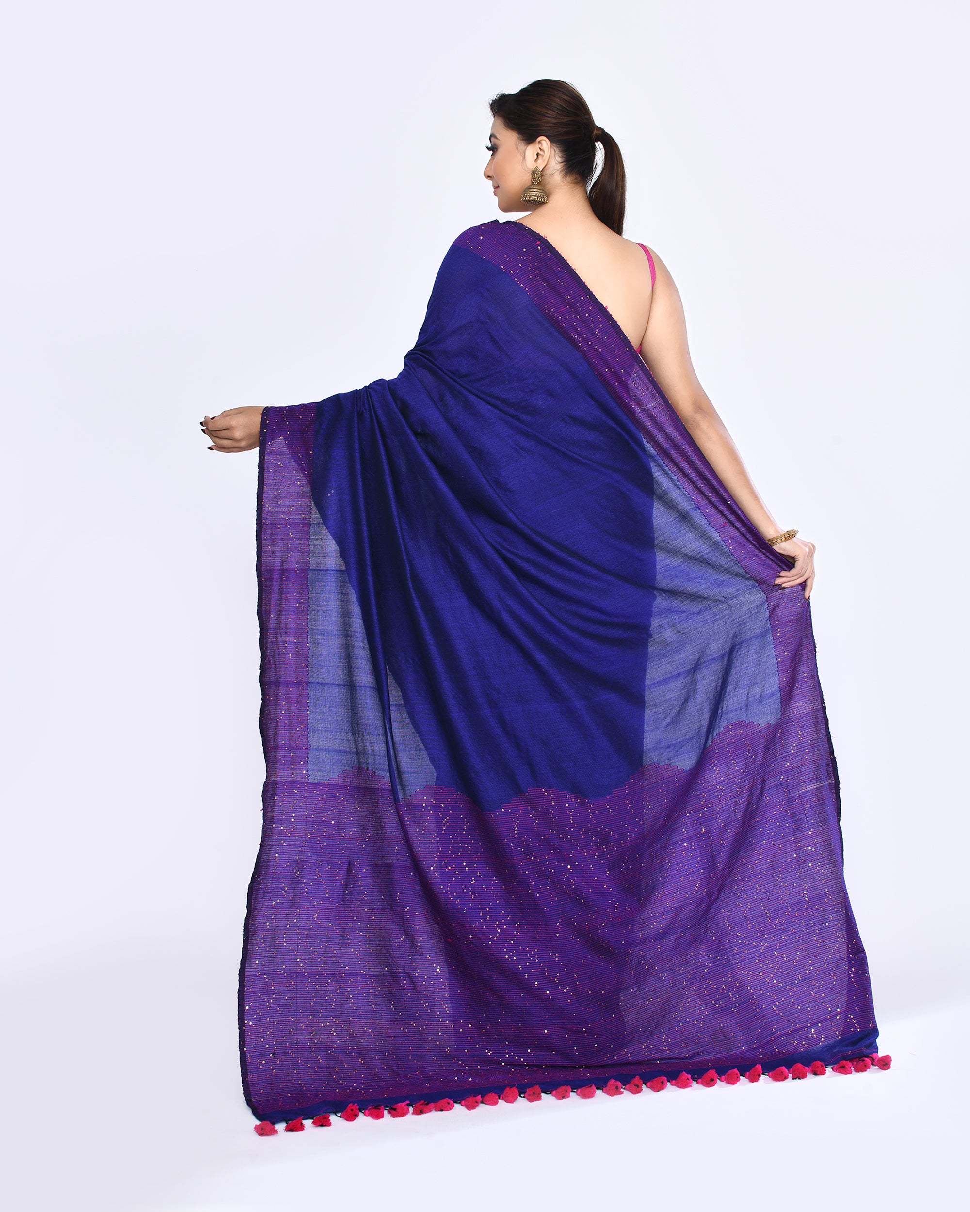 Piyari Fashion Women's Blue Embellished Sequined Cotton Saree