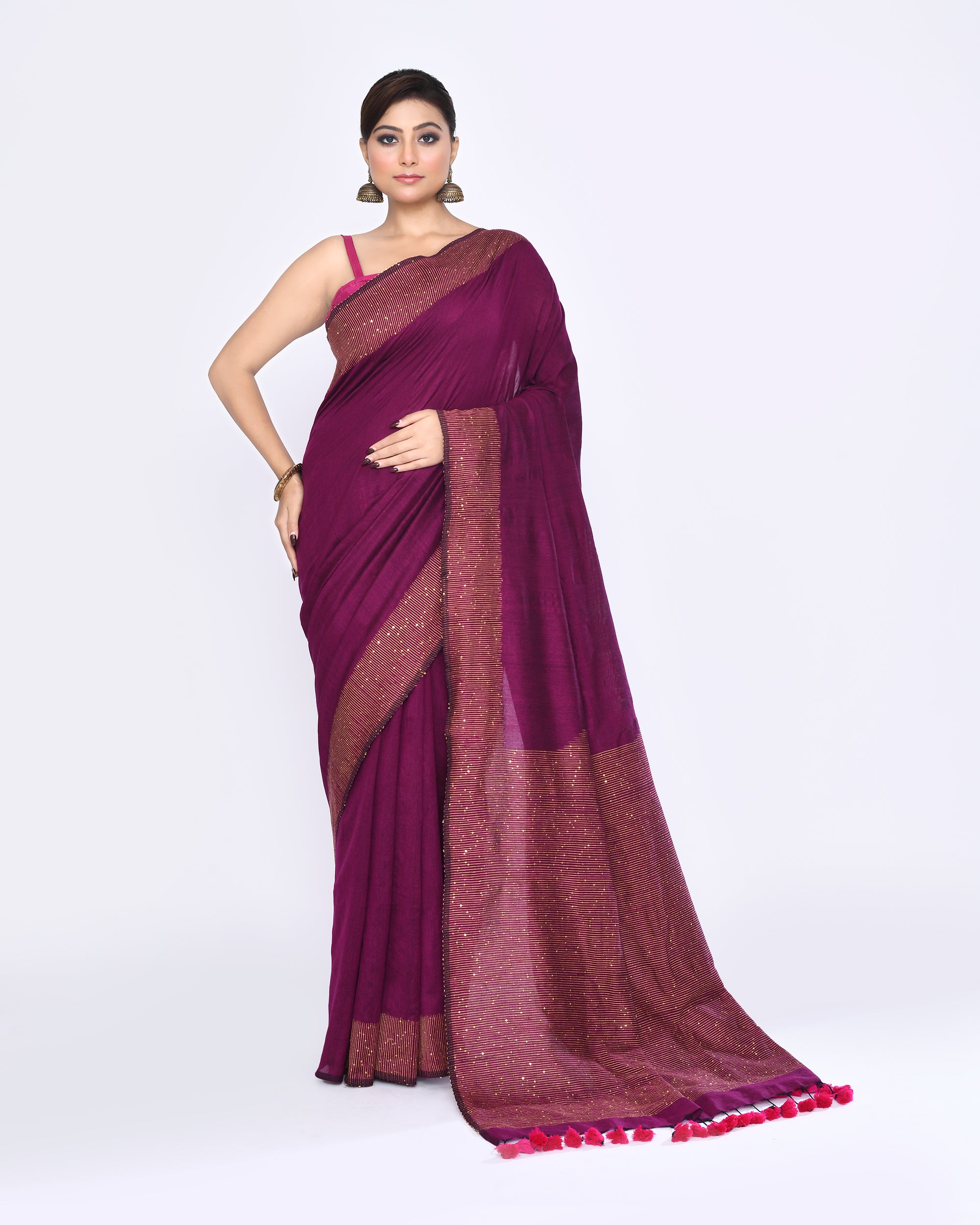 Piyari Fashion Women's Magenta Embellished Sequined Cotton Saree