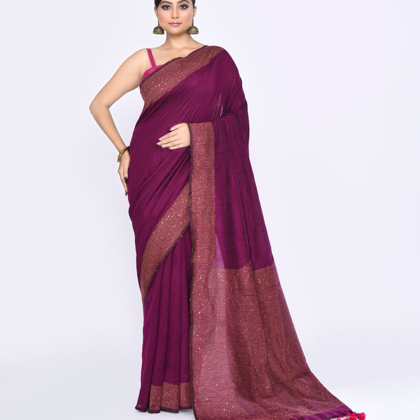 Piyari Fashion Women's Magenta Embellished Sequined Cotton Saree - Distacart