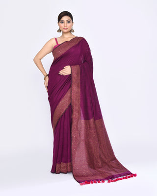 Piyari Fashion Women's Magenta Embellished Sequined Cotton Saree