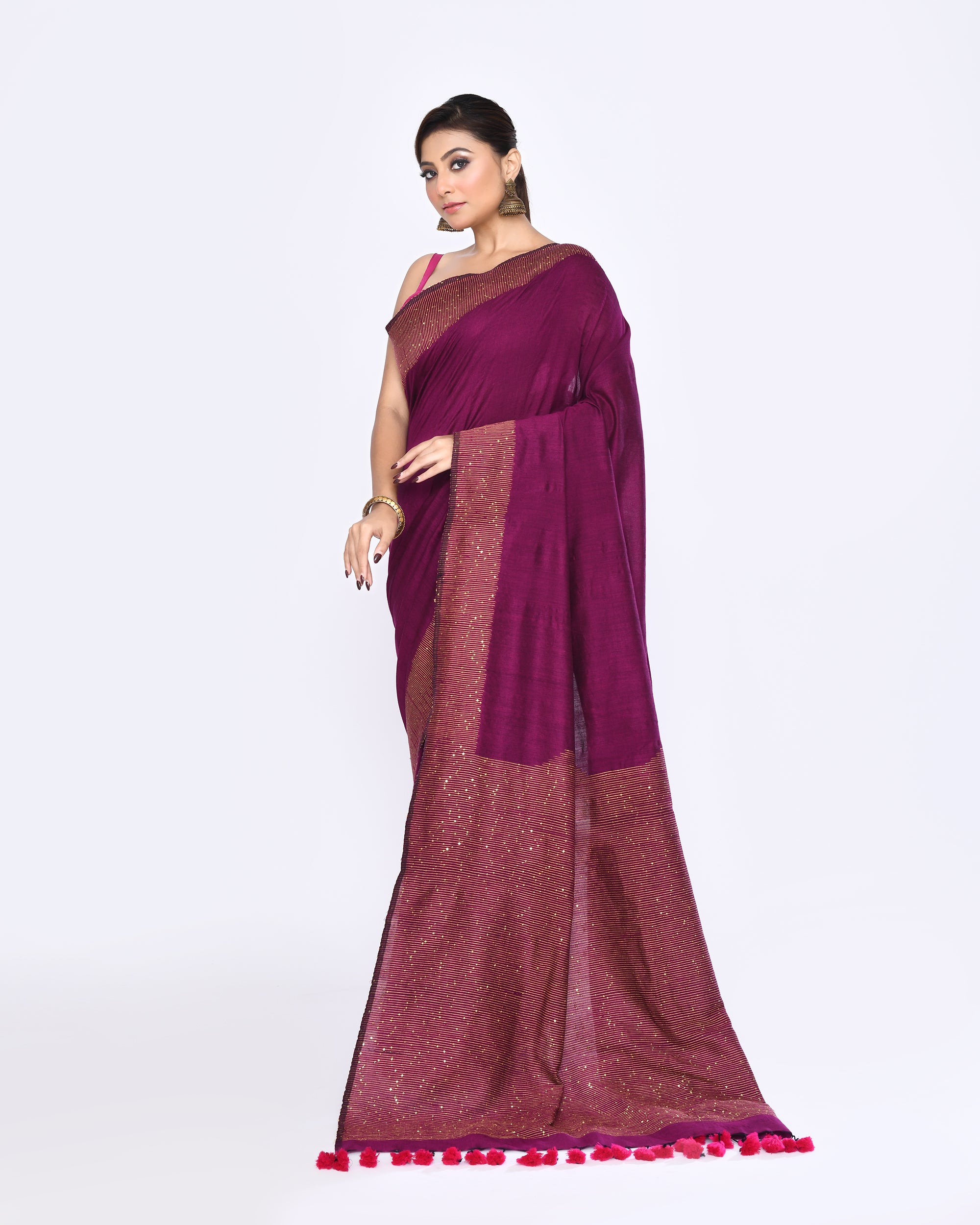 Piyari Fashion Women's Magenta Embellished Sequined Cotton Saree
