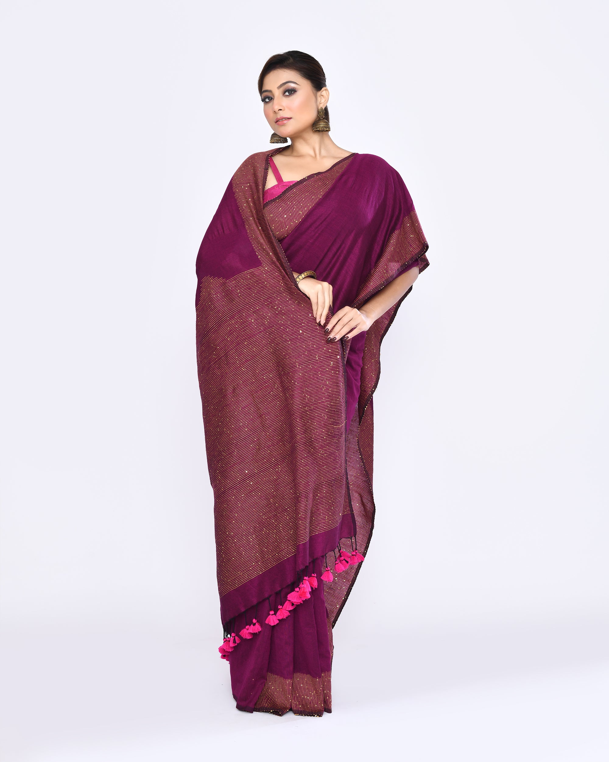 Piyari Fashion Women's Magenta Embellished Sequined Cotton Saree
