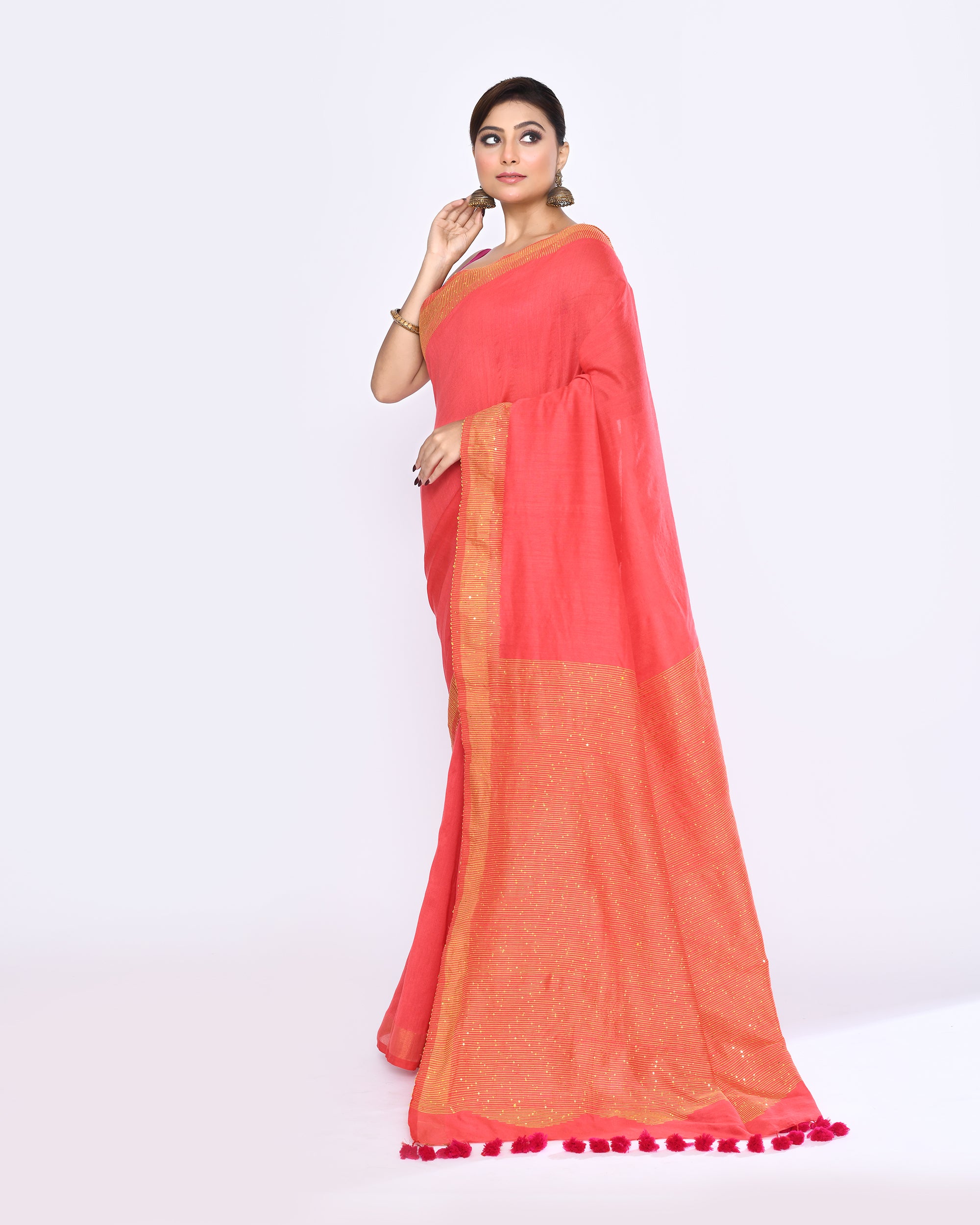 Piyari Fashion Women's Tomato Red Embellished Sequined Cotton Saree