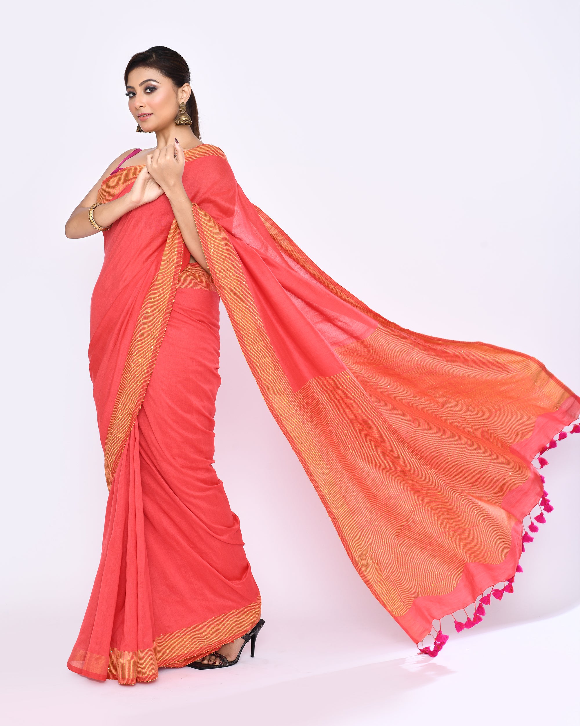 Piyari Fashion Women's Tomato Red Embellished Sequined Cotton Saree