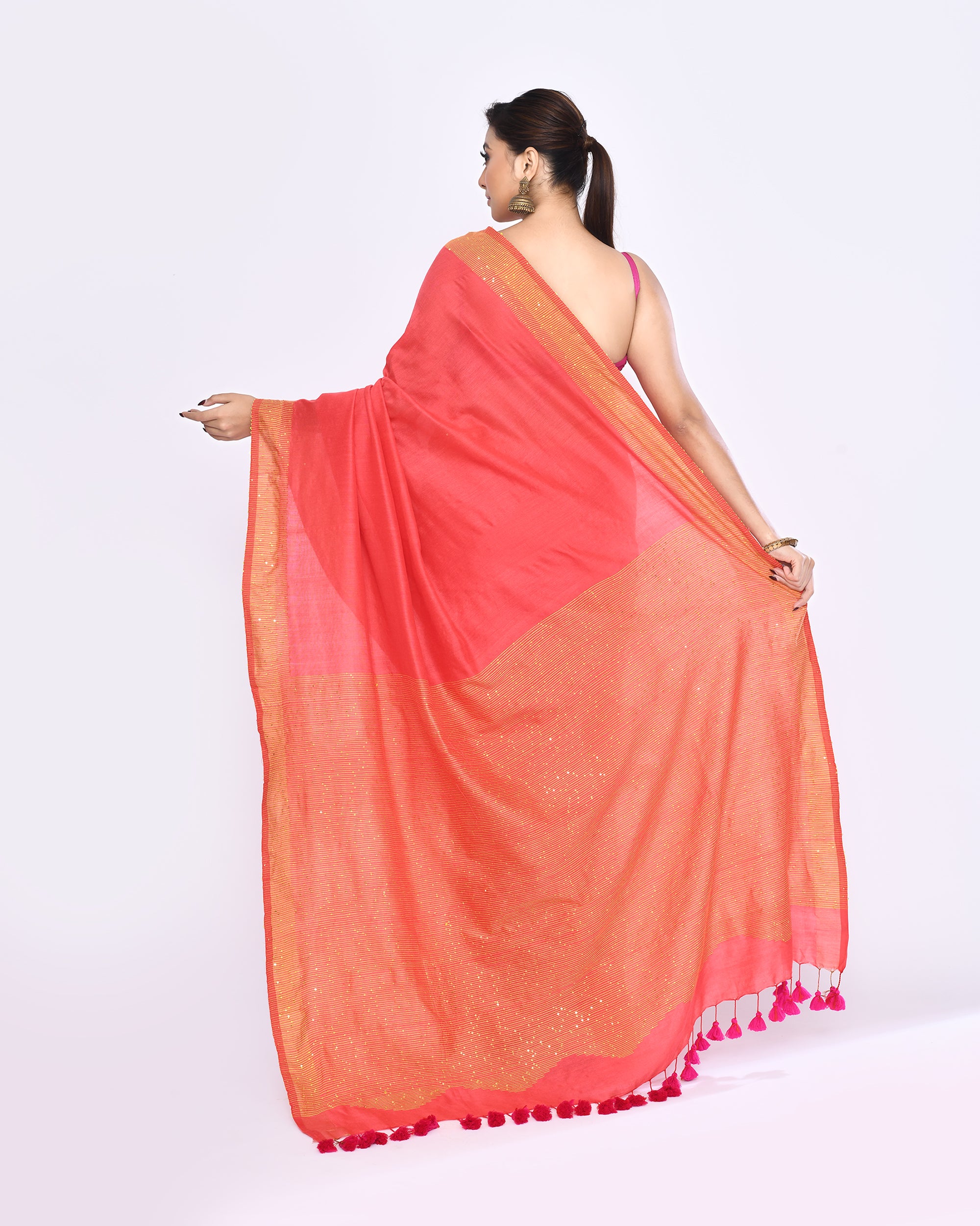 Piyari Fashion Women's Tomato Red Embellished Sequined Cotton Saree