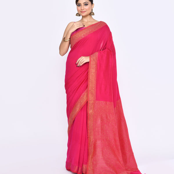 Piyari Fashion Women's Rani Pink Embellished Sequined Cotton Saree - Distacart
