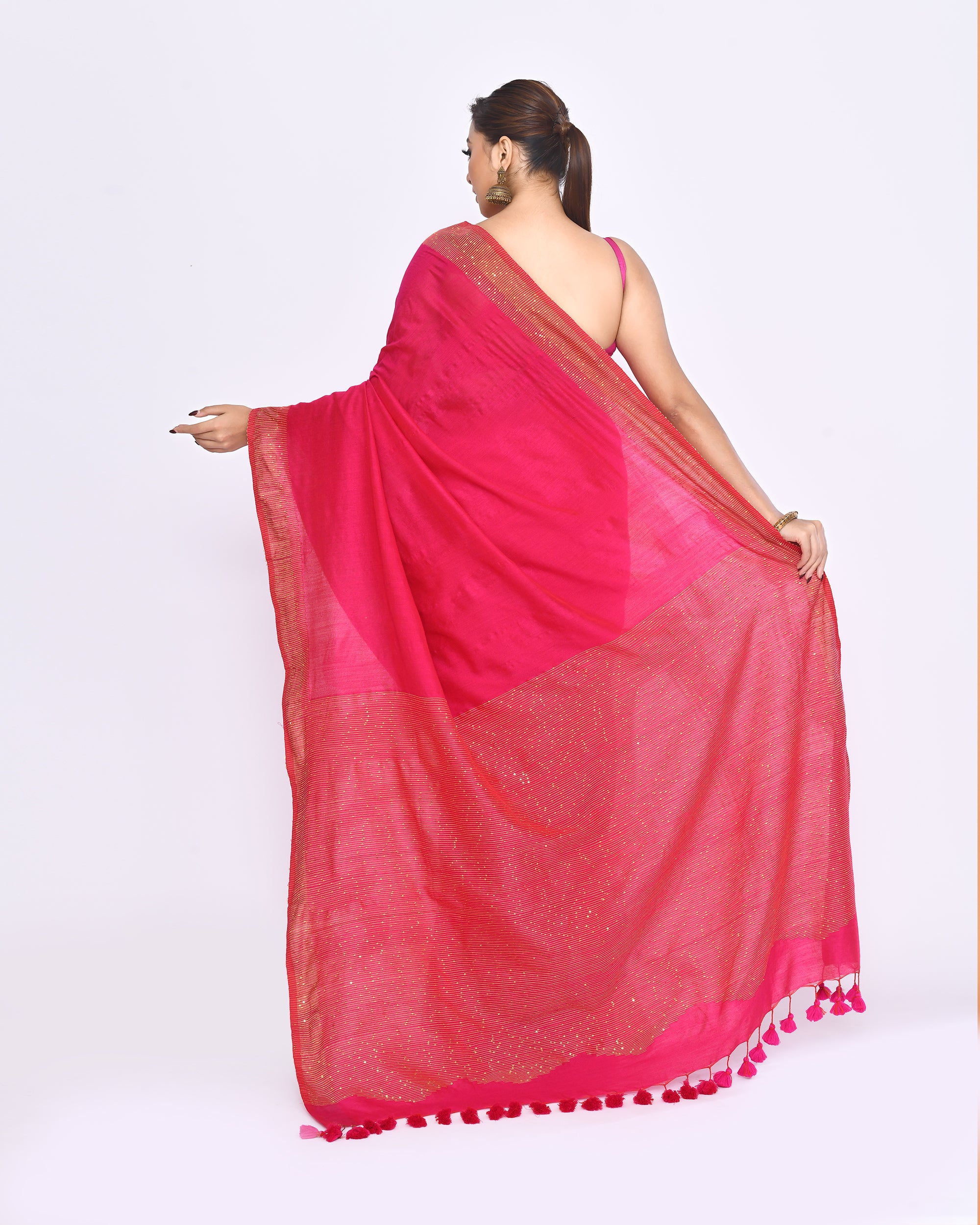 Piyari Fashion Women's Rani Pink Embellished Sequined Cotton Saree