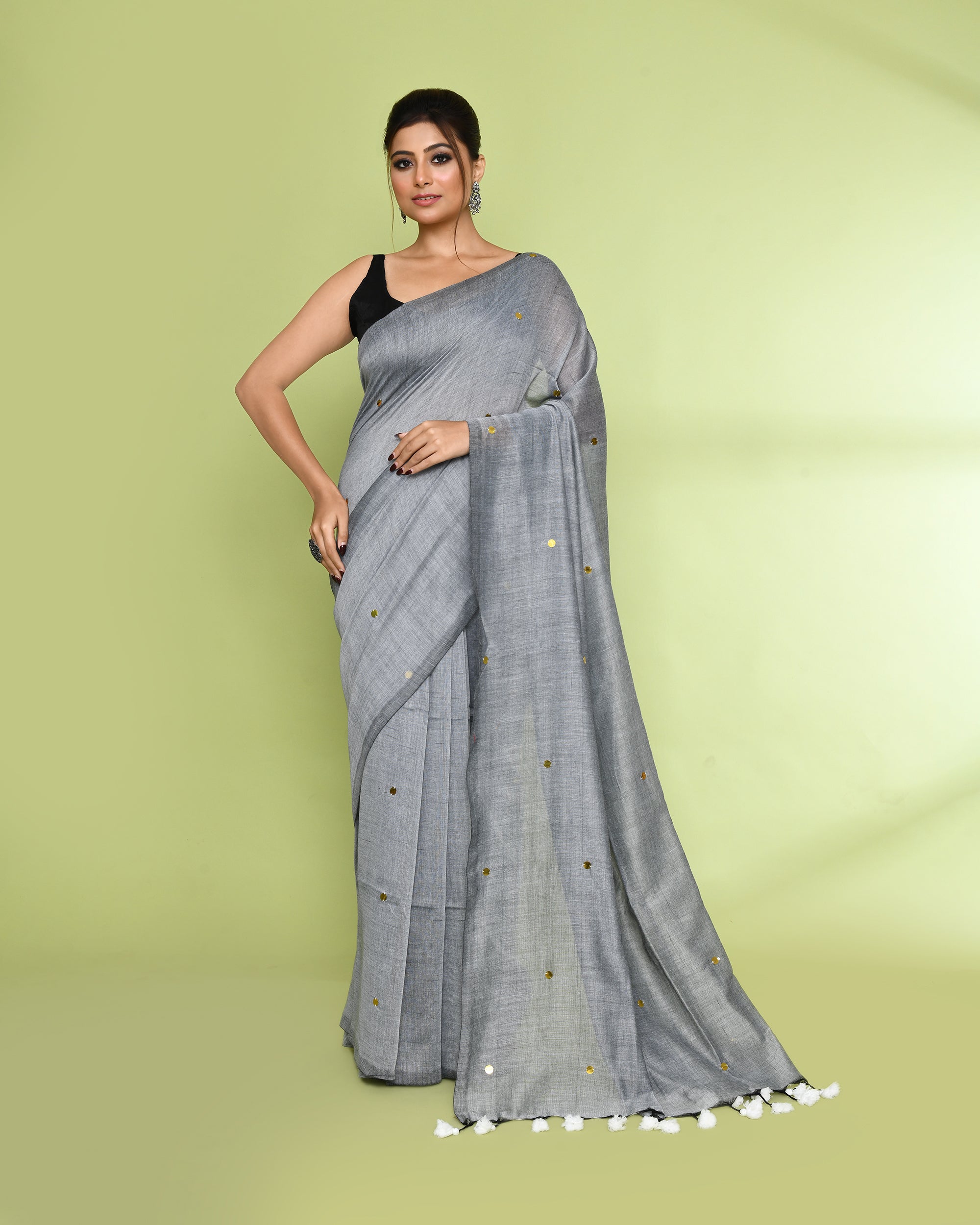 Piyari Fashion Women's Silver Grey Embellished Sequined Cotton Saree