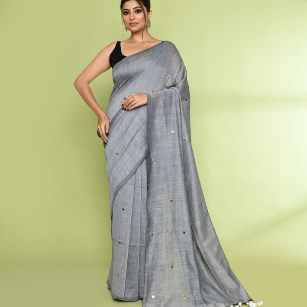 Piyari Fashion Women's Silver Grey Embellished Sequined Cotton Saree - Distacart