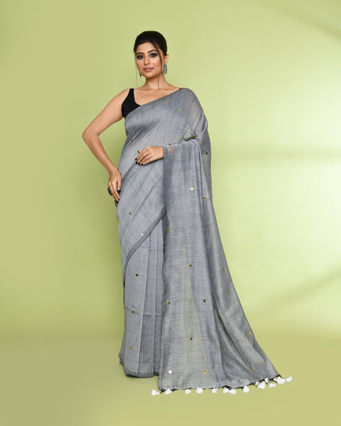 Piyari Fashion Women's Silver Grey Embellished Sequined Cotton Saree