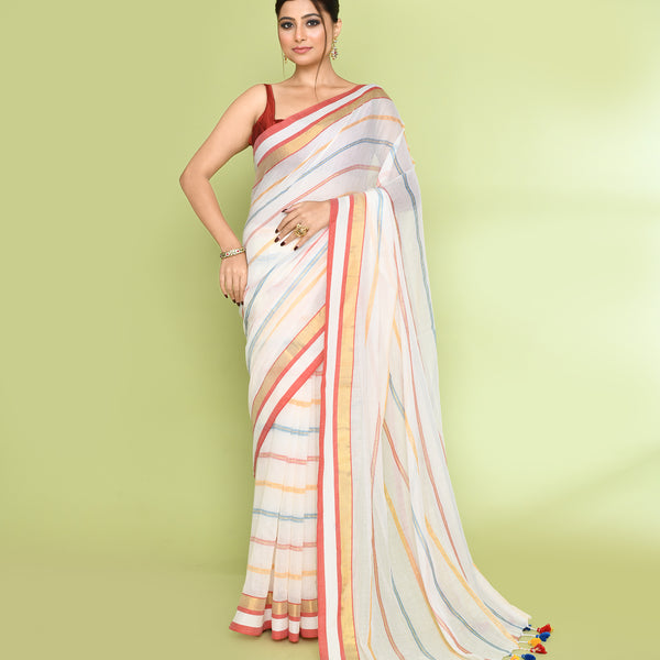 Piyari Fashion Women's White Embellished Checked Cotton Saree - Distacart