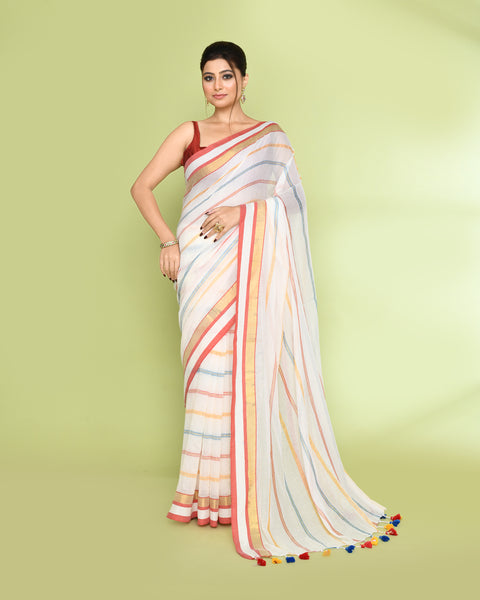 Piyari Fashion Women's White Embellished Checked Cotton Saree