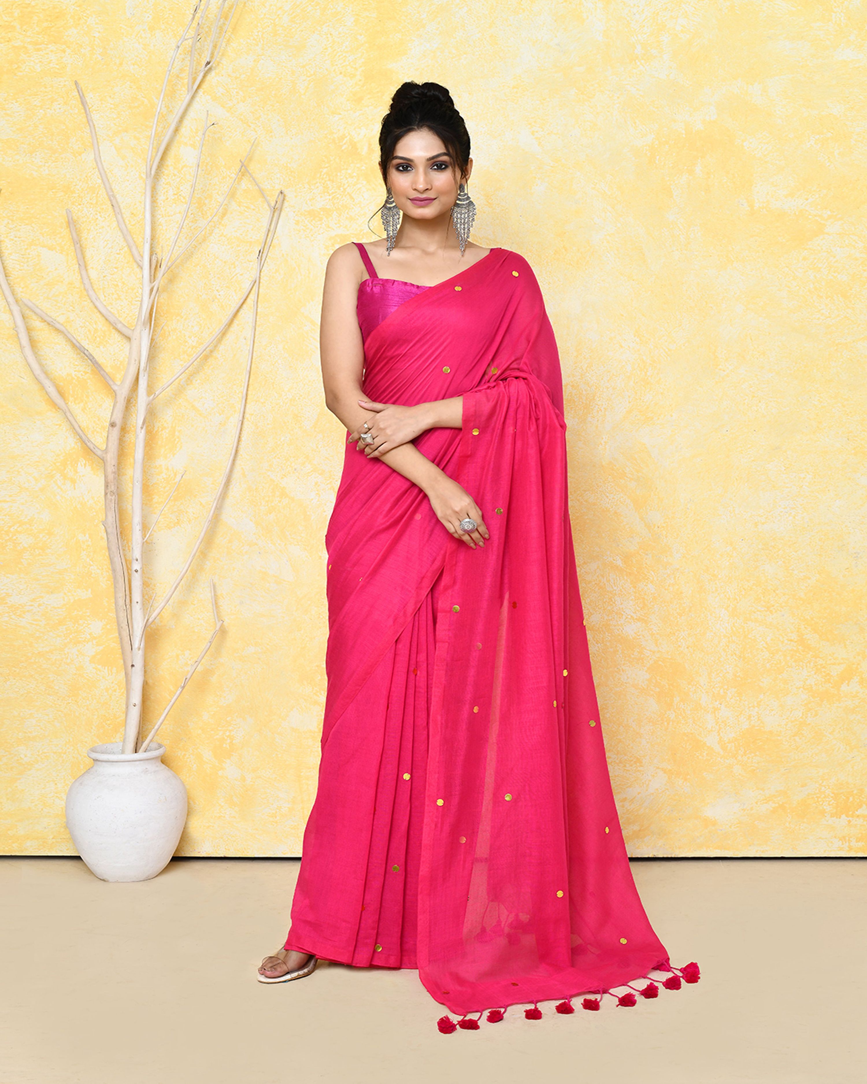 Piyari Fashion Women's Pink Sequin Work Soft Pure Cotton Saree With Blouse Piece
