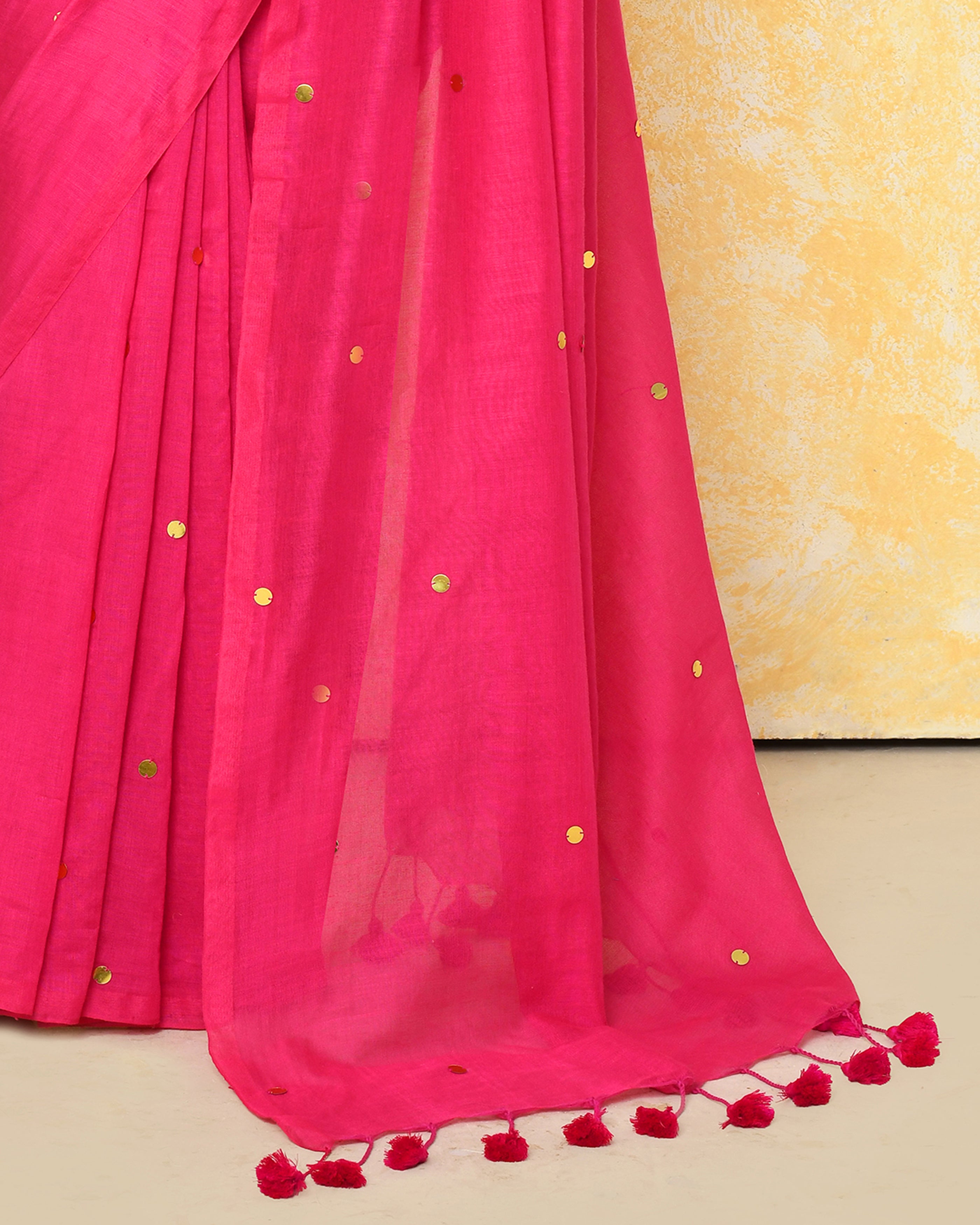 Piyari Fashion Women's Pink Sequin Work Soft Pure Cotton Saree With Blouse Piece