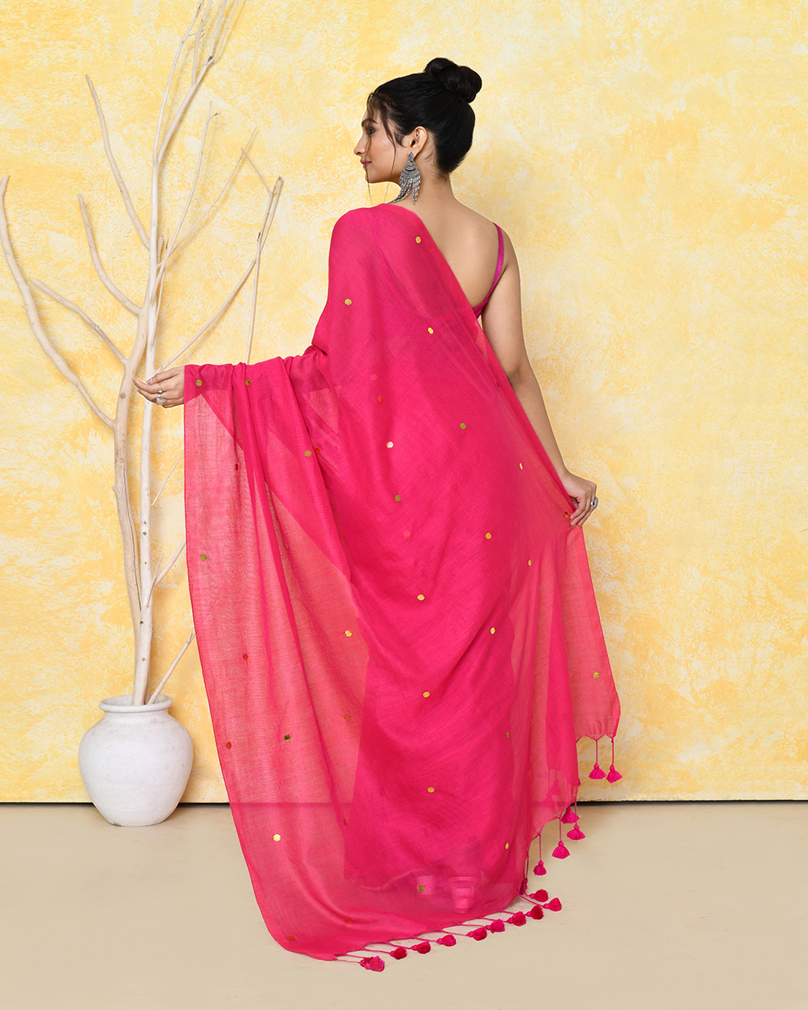 Piyari Fashion Women's Pink Sequin Work Soft Pure Cotton Saree With Blouse Piece