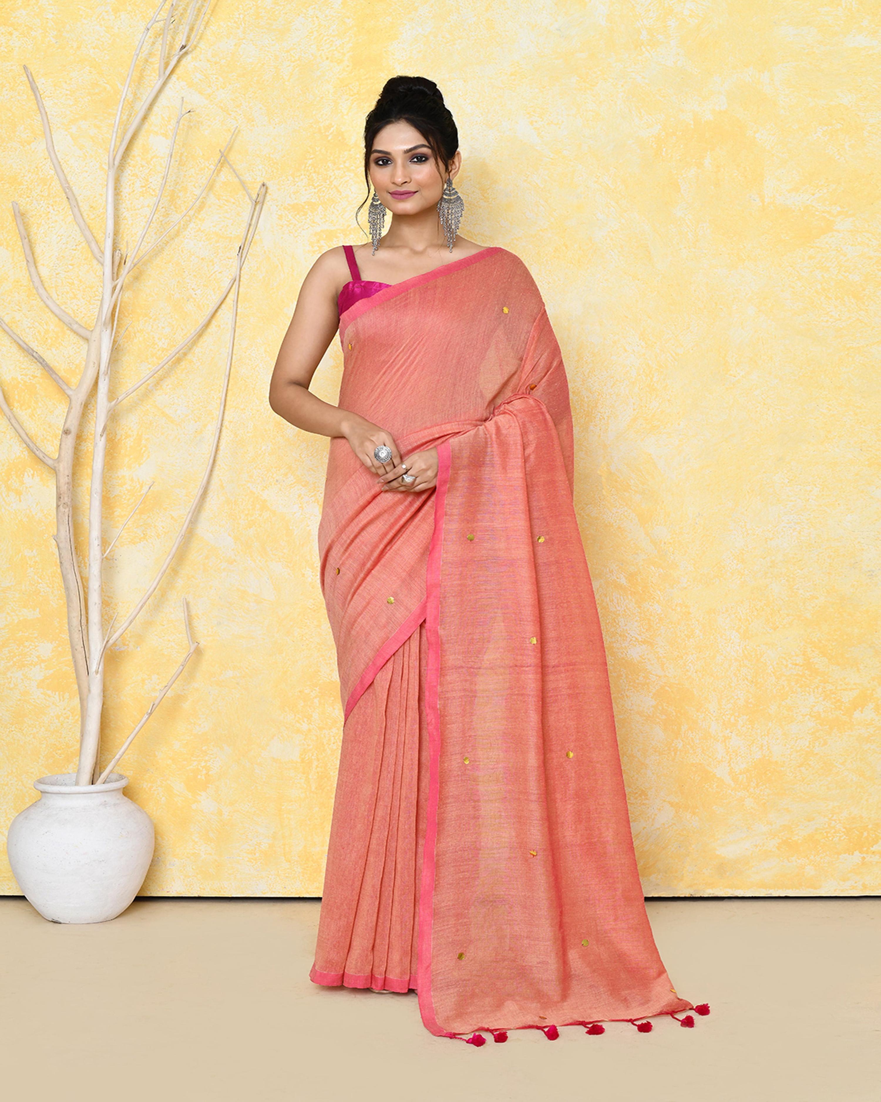 Piyari Fashion Women's Peach Sequin Work Soft Pure Cotton Saree With Blouse Piece