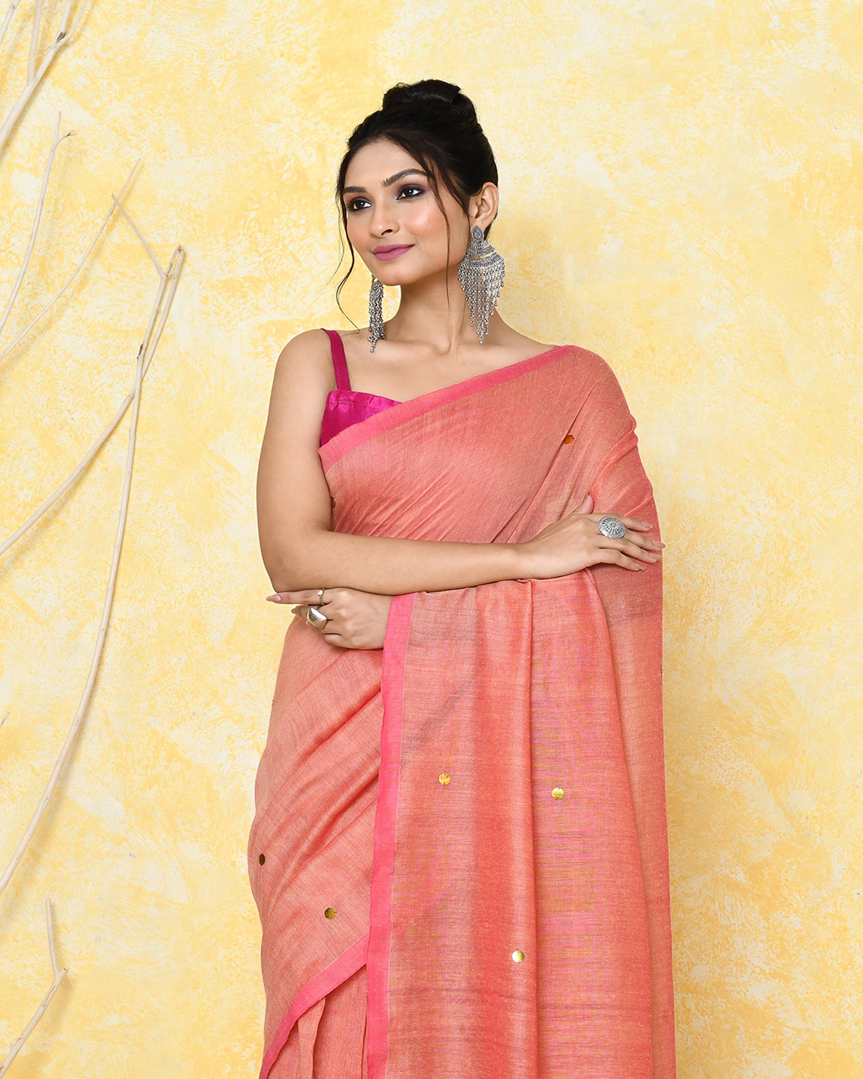 Piyari Fashion Women's Peach Sequin Work Soft Pure Cotton Saree With Blouse Piece