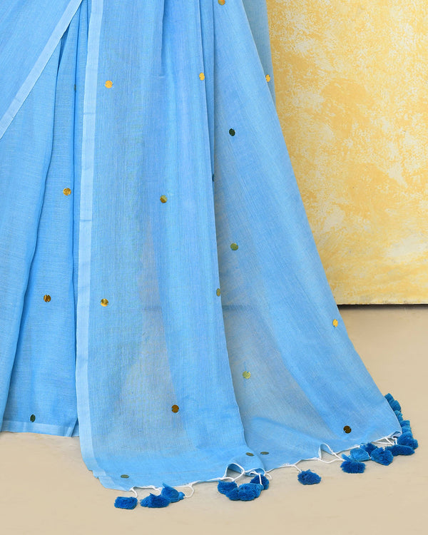 Piyari Fashion Women's Sky Blue Sequin Work Soft Pure Cotton Saree With Blouse Piece